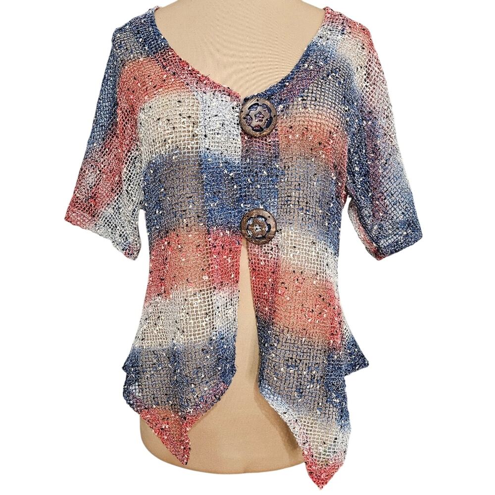 Patriotic Gauze Knit Womens Cardigan Oversized Buttons Red White Blue Asymmetric